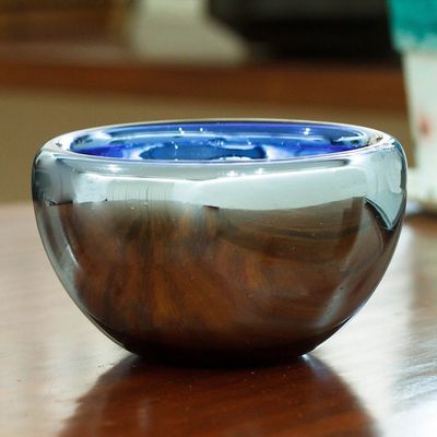 Alternate image for Blue Reflective Blown Glass Bowl from Recycled Glass Blue Opal
