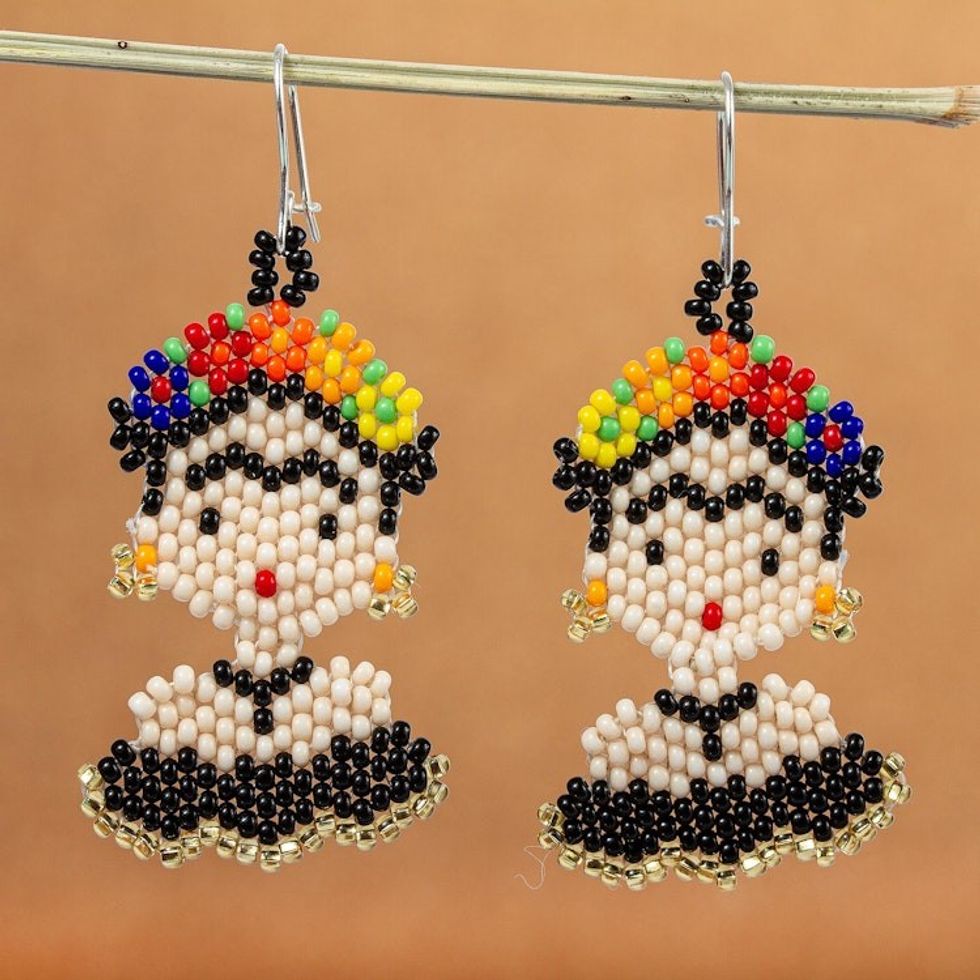 Handmade Beaded Frida Dangle Earrings 'Frida in Black'