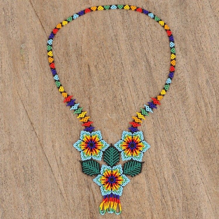 Floral Huichol Glass Beaded Necklace from Mexico 'Huichol Trio