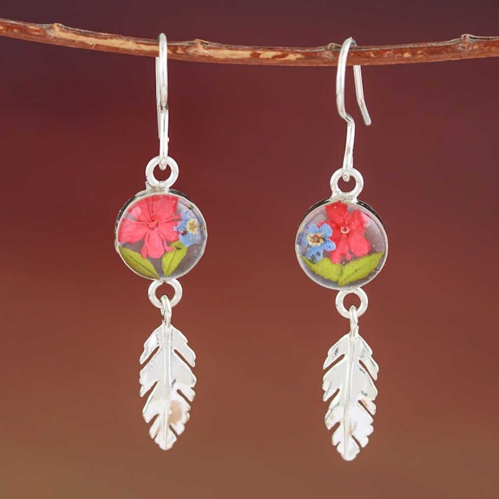 Sterling Silver and Dried Flower Dangle Earrings from Mexico 'Anahuac Red'