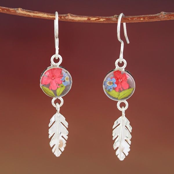 Alternate image for Sterling Silver and Dried Flower Dangle Earrings from Mexico Anahuac Red