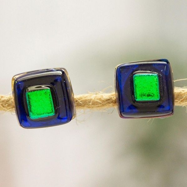 Alternate image for Blue  Green Fused Glass Mosaic Stud Earrings from Mexico Blue  Green Dichroic