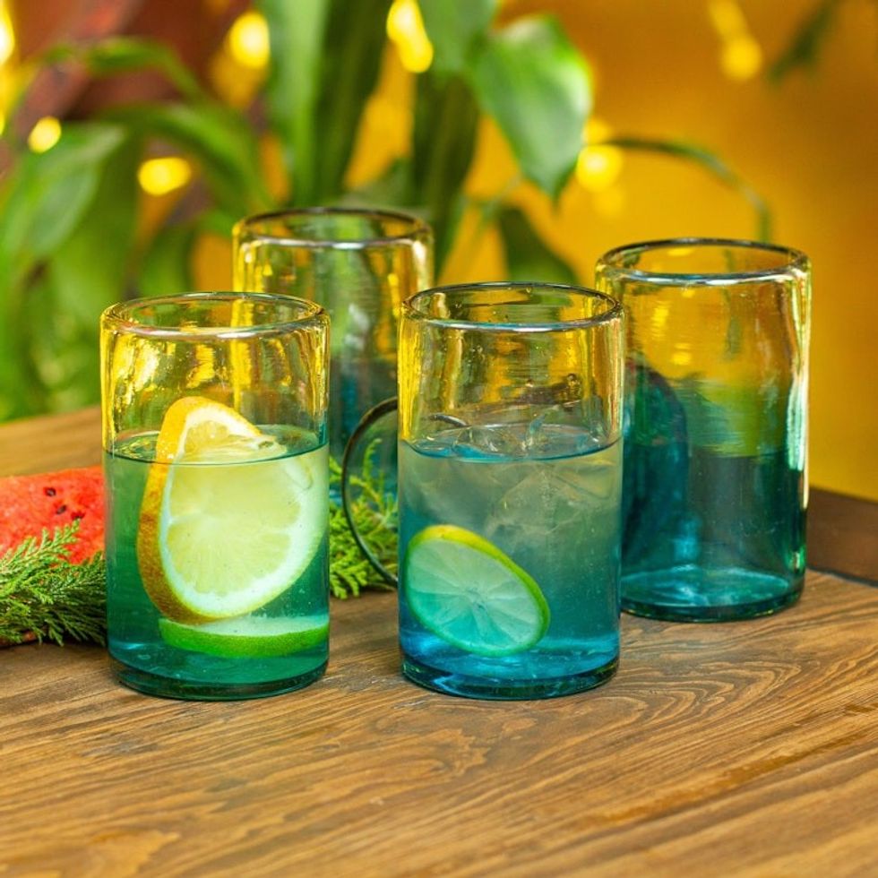 Turquoise Recycled Glass Tumblers from Mexico Set of 6 'Tall Cooling Aquamarine'