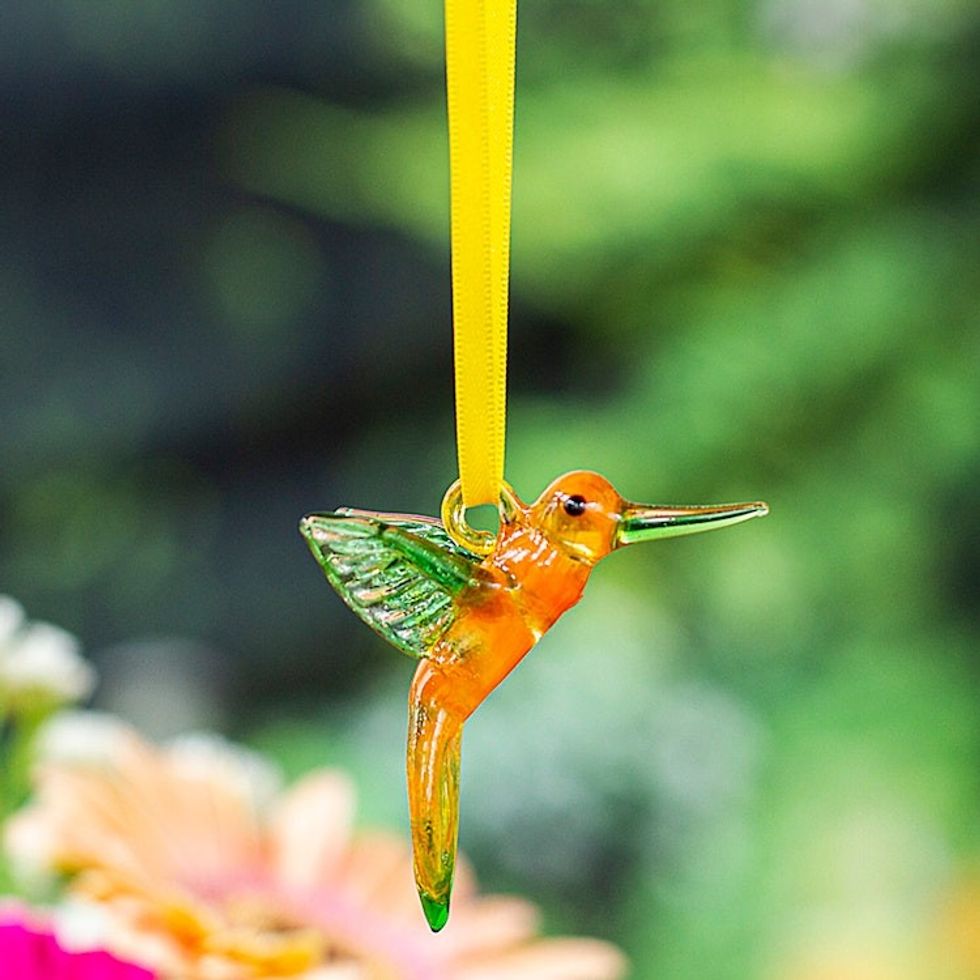 Handblown Recycled Glass Hummingbird Ornament in Green 'Green Paradise Hummingbird'