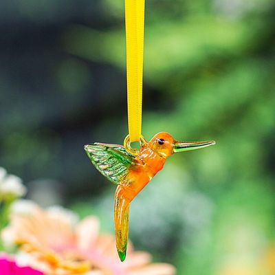 Alternate image for Handblown Recycled Glass Hummingbird Ornament in Green Green Paradise Hummingbird