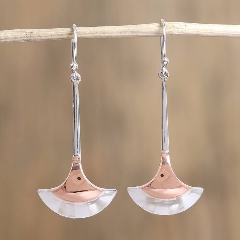 Fan-Shaped Sterling Silver and Copper Dangle Earrings 'Elegant Crescents'