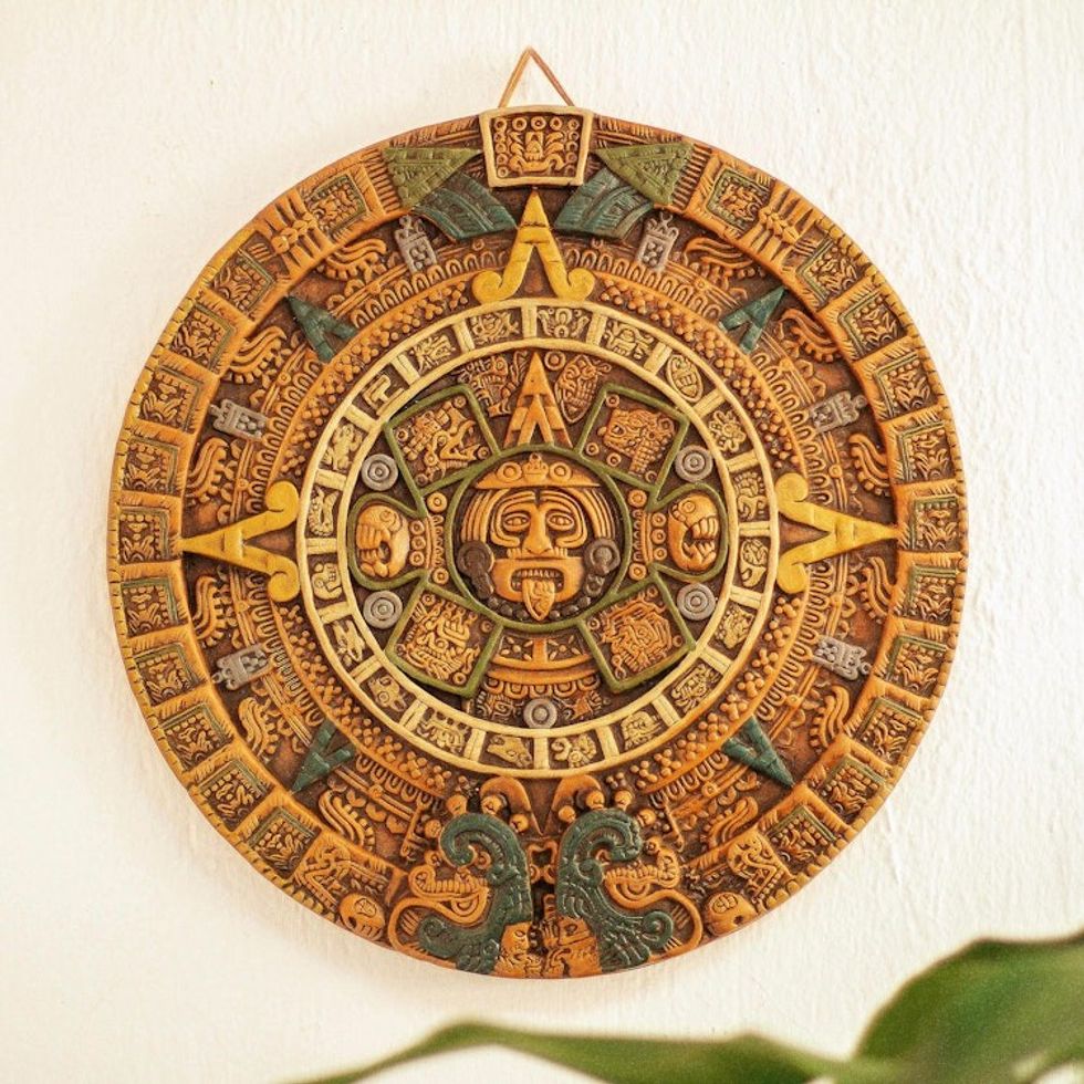 Aztec Fifth Sun Calendar Museum Replica Ceramic Wall Art 'Fifth Sun in Orange'