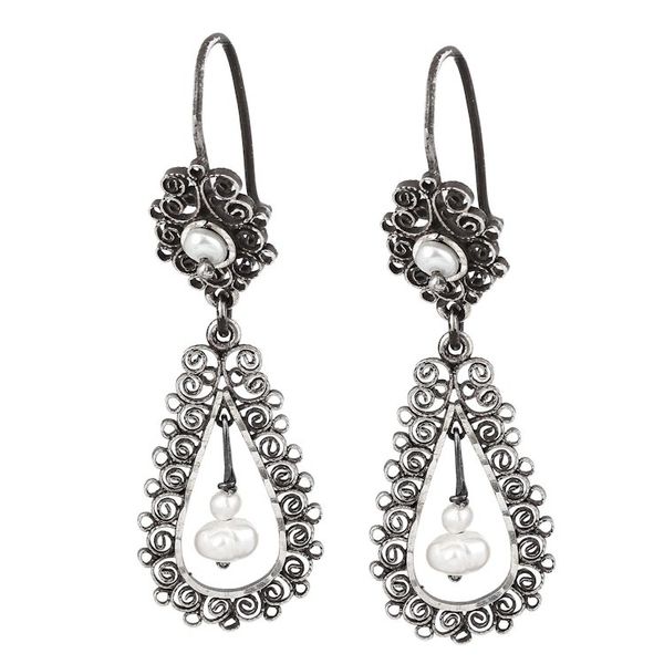 Alternate image for Drop-Shaped Pearl Filigree Dangle Earrings from Mexico Colonial Lamp