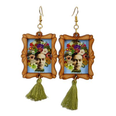 Alternate image for Handcrafted Frida Kahlo and Flowers Wood Dangle Earrings Frida Adorned