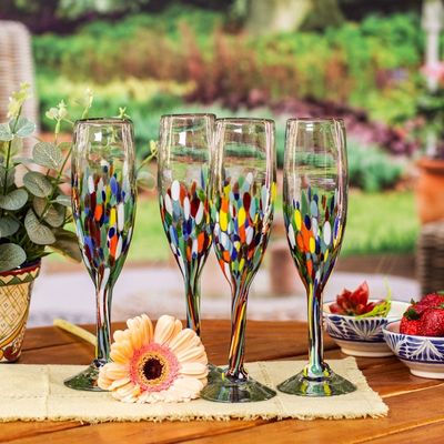 Alternate image for Set of 4 Colorful Handblown Champagne Flutes from Mexico Chromatic Soire