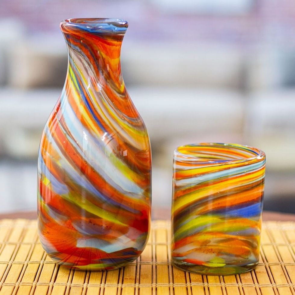 Set of Handblown Recycled Glass Carafe with Matching Cup 'Whirling Colors'