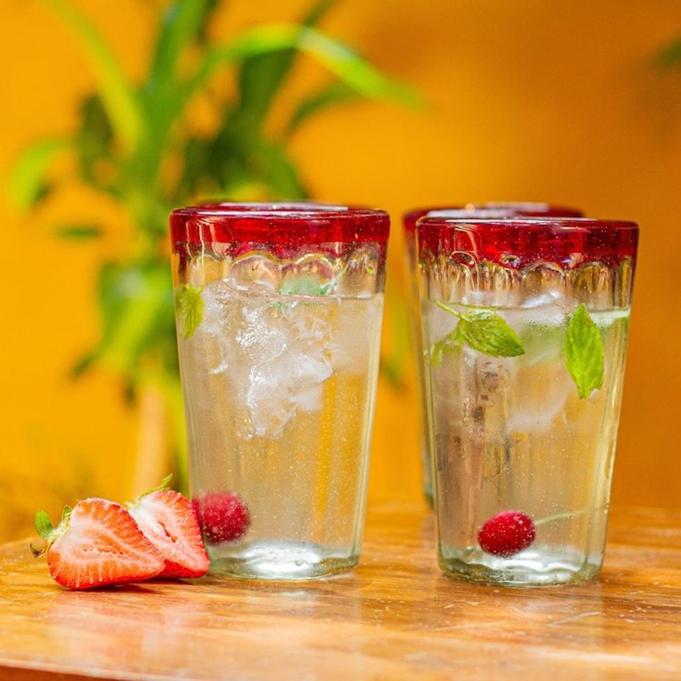 6 Collectible Mexican Recycled Red and Clear Glasses 'Ruby Groove'