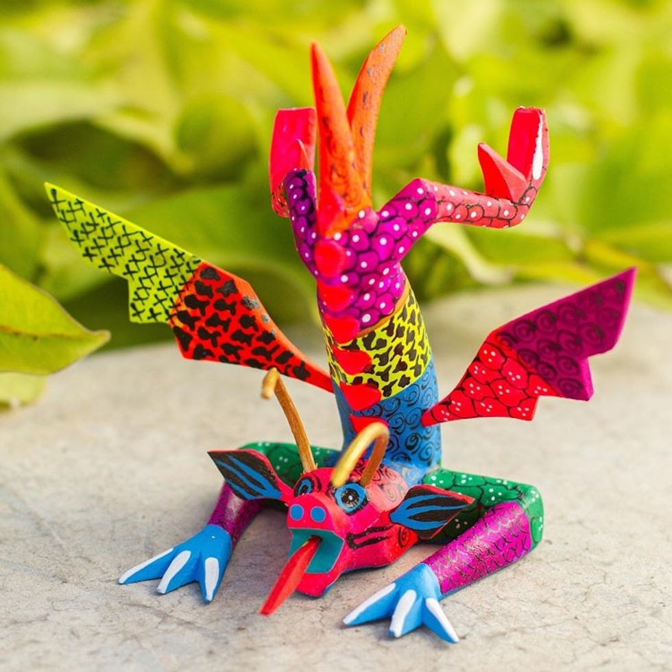 Colorful Hand Carved and Painted Dragon Alebrije Figurine 'Acrobatic Dragon'