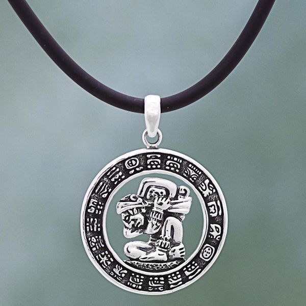 Alternate image for Sterling Silver and Rubber Aztec Pendant Necklace Mexico Time Carrier