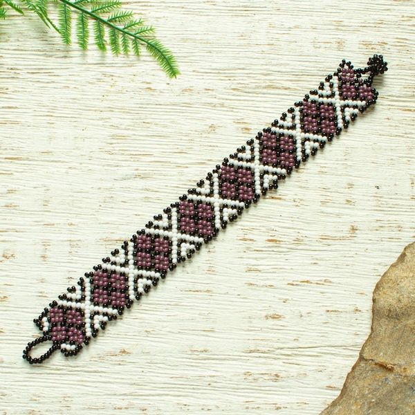 Alternate image for Hand Beaded Bracelet from Mexico Peyote Flower in Plum