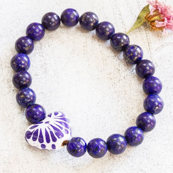Alternate image for Lapis Lazuli and Talavera Style Ceramic Heart Bracelet Blue Puebla Heart
