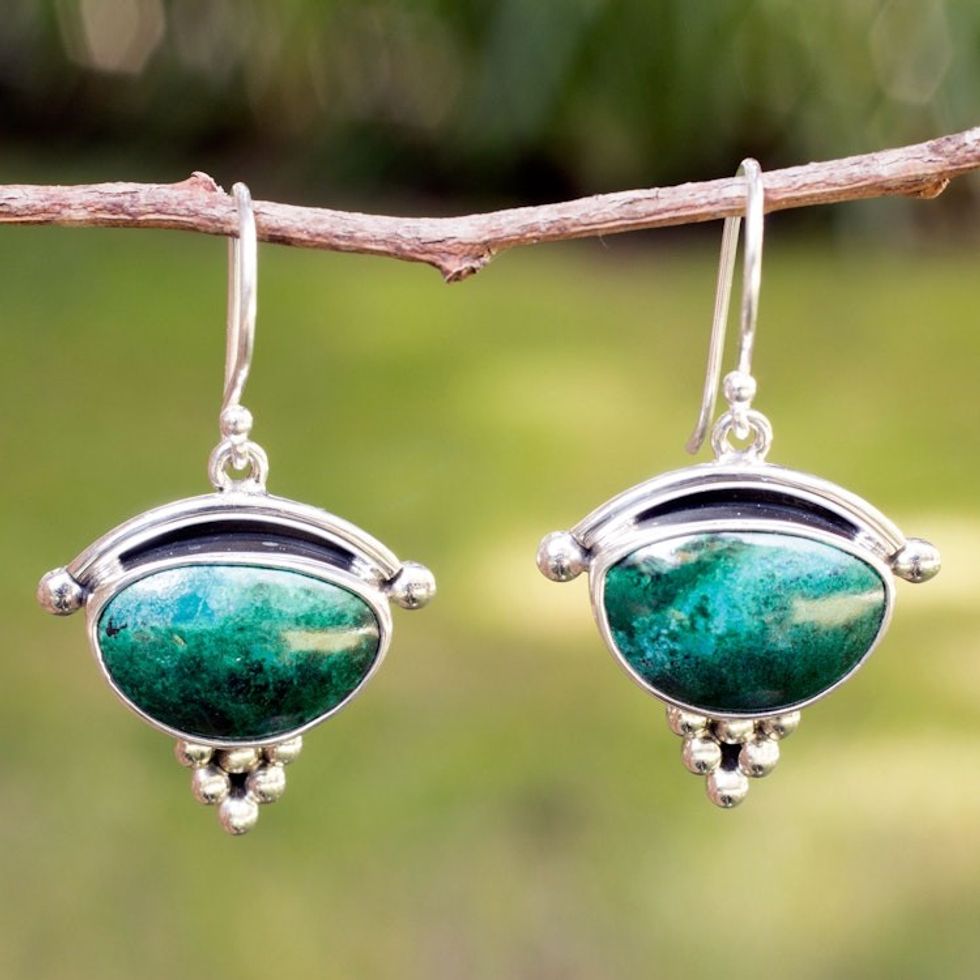 Chrysocolla Dangle Earrings 950 Silver Handmade in Mexico 'Taxco Mystique'