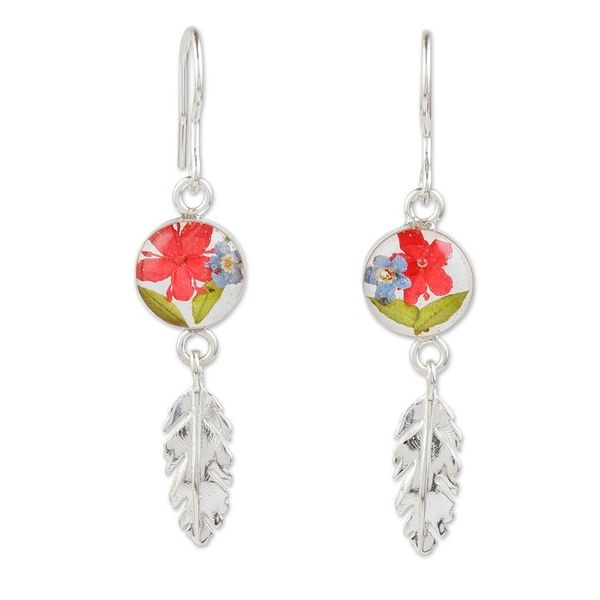 Alternate image for Sterling Silver and Dried Flower Dangle Earrings from Mexico Anahuac Red