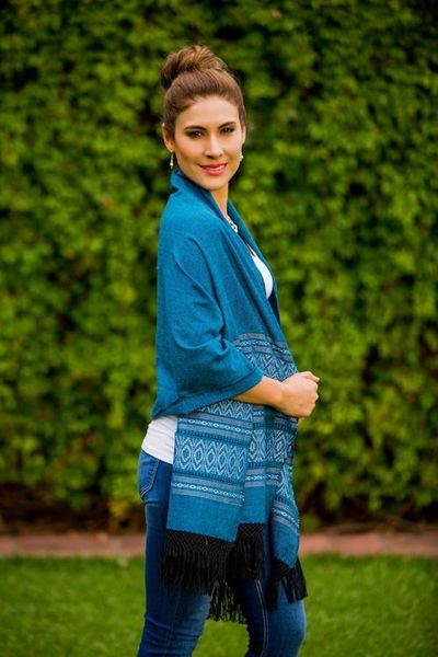 Alternate image for Mexican Geometric Cotton Patterned Shawl Blue Zapotec Treasures