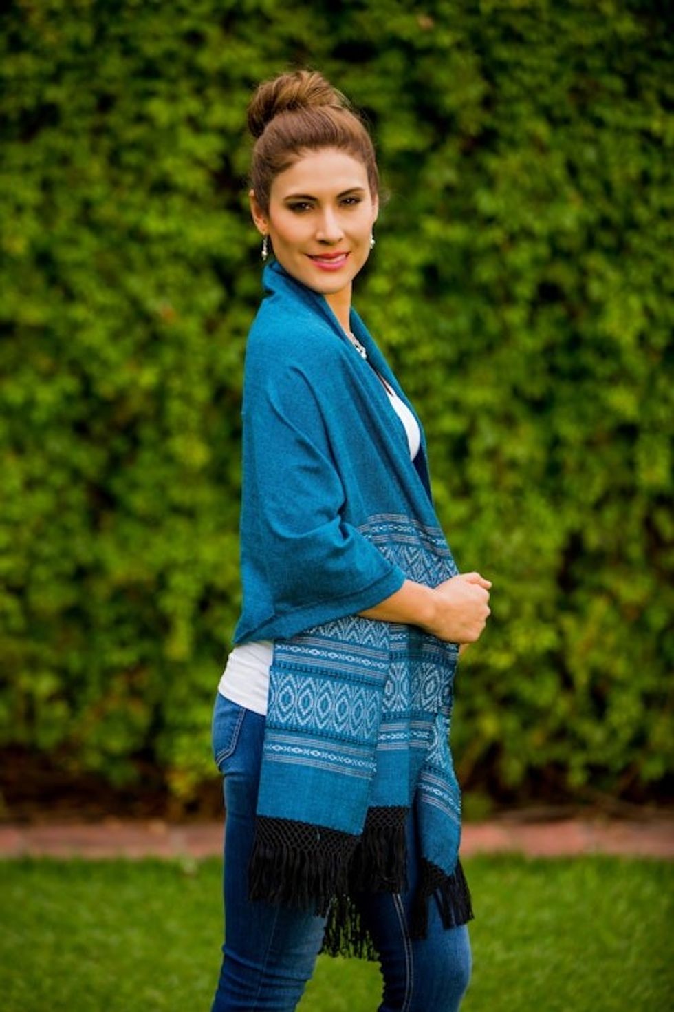Mexican Geometric Cotton Patterned Shawl 'Blue Zapotec Treasures'