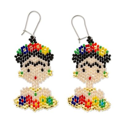 Alternate image for Frida Kahlo Glass Beaded Dangle Earrings from Mexico Golden Frida