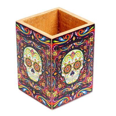 Alternate image for Pine Wood Pencil Holder with Day of the Dead Decoupage Convenient Skull