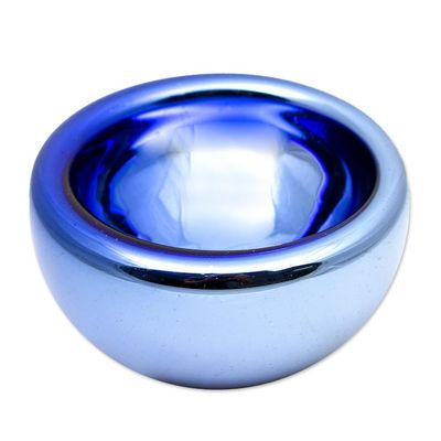 Alternate image for Blue Reflective Blown Glass Bowl from Recycled Glass Blue Opal