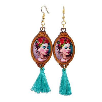 Alternate image for Handcrafted Frida Kahlo Wood Dangle Earrings Aqua Tassels Brilliant Frida