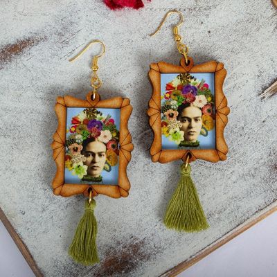Alternate image for Handcrafted Frida Kahlo and Flowers Wood Dangle Earrings Frida Adorned