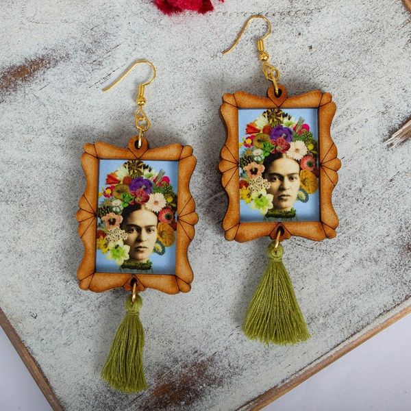 Alternate image for Handcrafted Frida Kahlo and Flowers Wood Dangle Earrings Frida Adorned