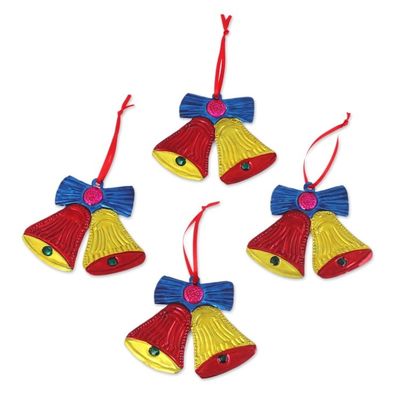 Alternate image for Tin Bell Ornaments in Red and Yellow from Mexico Set of 4 Lovely Red and Yellow Bells