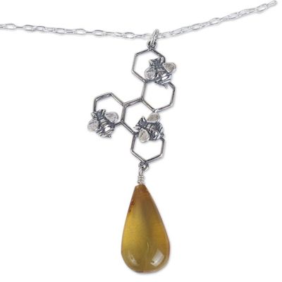 Alternate image for Amber and Sterling Silver Bees in Honeycomb Necklace Sweet Honey