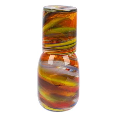 Alternate image for Set of Handblown Recycled Glass Carafe with Matching Cup Whirling Colors
