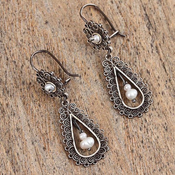 Alternate image for Drop-Shaped Pearl Filigree Dangle Earrings from Mexico Colonial Lamp