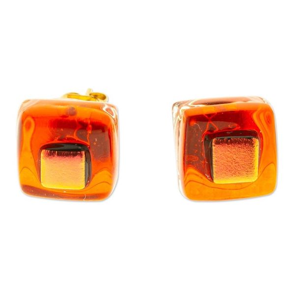 Alternate image for Orange Fused Glass Mosaic Stud Earrings Handmade in Mexico Orange Dichroic
