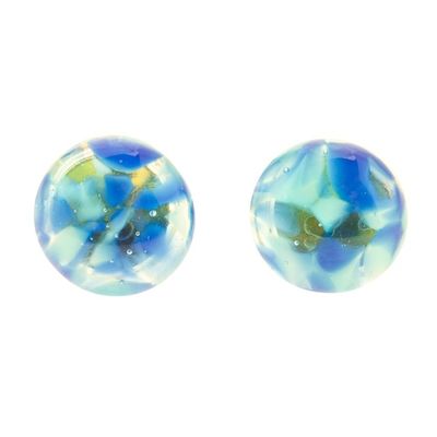 Alternate image for Blue Fused Glass Mosaic Button Earrings from Mexico Blue Textures