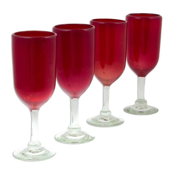 Alternate image for Hand Made Handblown Red Glass Champagne Flute Drinkware Set Festive Ruby