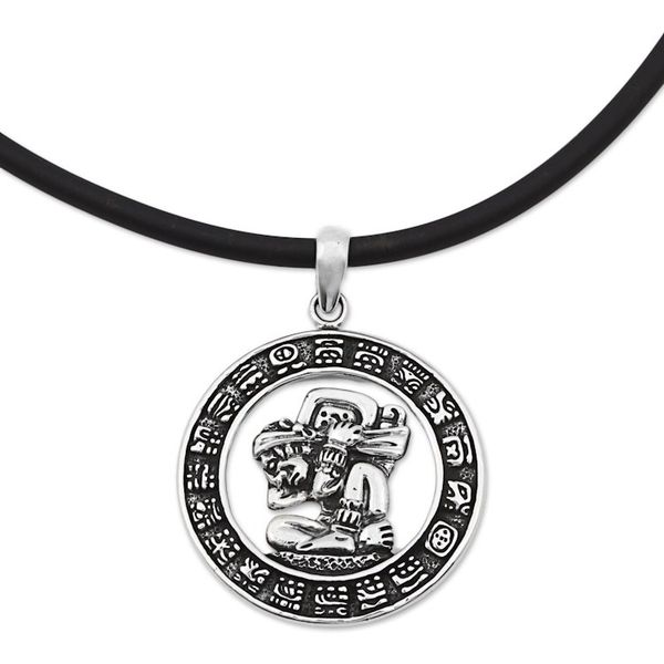 Alternate image for Sterling Silver and Rubber Aztec Pendant Necklace Mexico Time Carrier