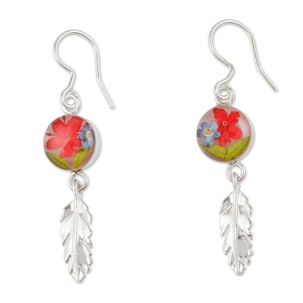 Alternate image for Sterling Silver and Dried Flower Dangle Earrings from Mexico Anahuac Red