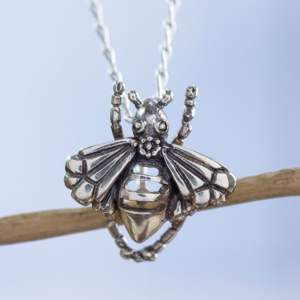 Sterling Silver Bee Fashion Pendant Necklace from Mexico 'Openwork Bee'