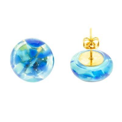 Alternate image for Blue Fused Glass Mosaic Button Earrings from Mexico Blue Textures