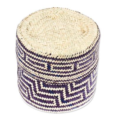 Alternate image for Blue Basket with Lid Hand-Woven from Palm Fiber in Mexico Little Navy Blue Trail