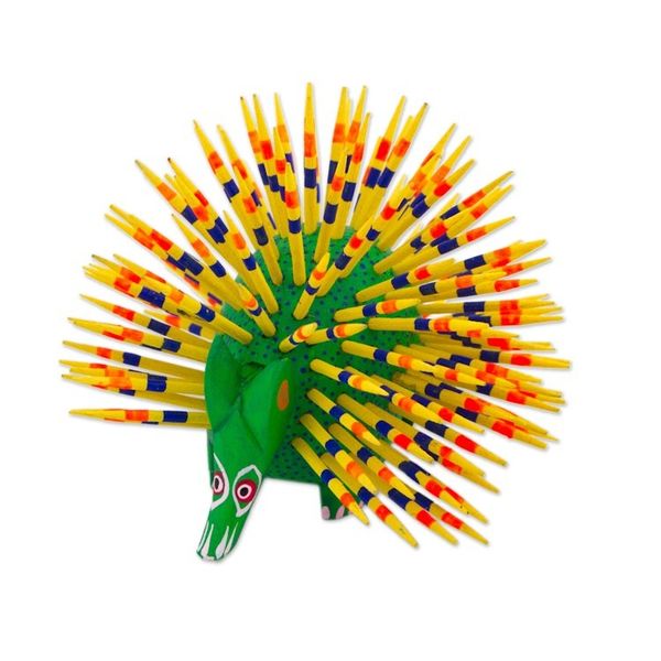 Alternate image for Yellow and Green Copal Wood Alebrije Porcupine Sculpture Cute Porcupine