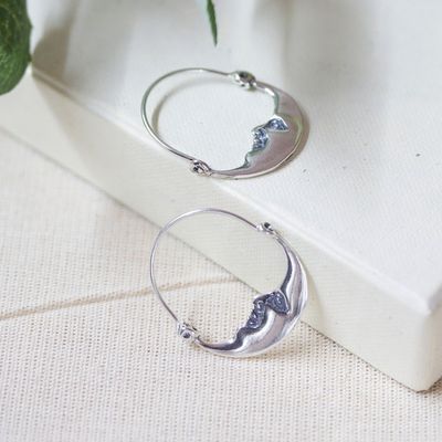 Alternate image for Vintage Style Handcrafted Silver Crescent Moon Hoop Earrings Moon at Rest