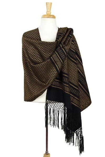 Alternate image for Zapotec Handwoven Rebozo Shawl in Black and Marigold Fiesta in Black and Marigold