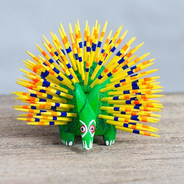 Alternate image for Yellow and Green Copal Wood Alebrije Porcupine Sculpture Cute Porcupine