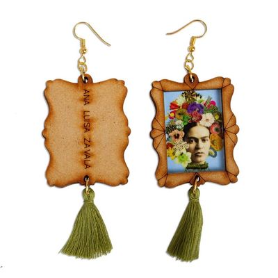 Alternate image for Handcrafted Frida Kahlo and Flowers Wood Dangle Earrings Frida Adorned