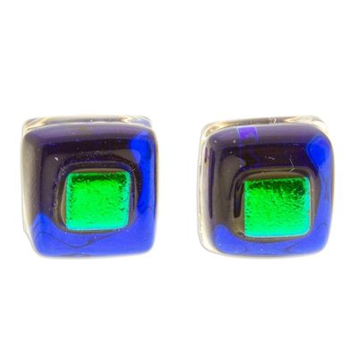 Alternate image for Blue  Green Fused Glass Mosaic Stud Earrings from Mexico Blue  Green Dichroic