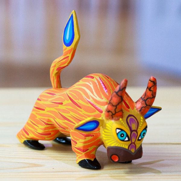 Alternate image for Hand-Painted Orange and Red Flaming Alebrije Bull Figurine Flaming Force