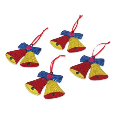 Alternate image for Tin Bell Ornaments in Red and Yellow from Mexico Set of 4 Lovely Red and Yellow Bells